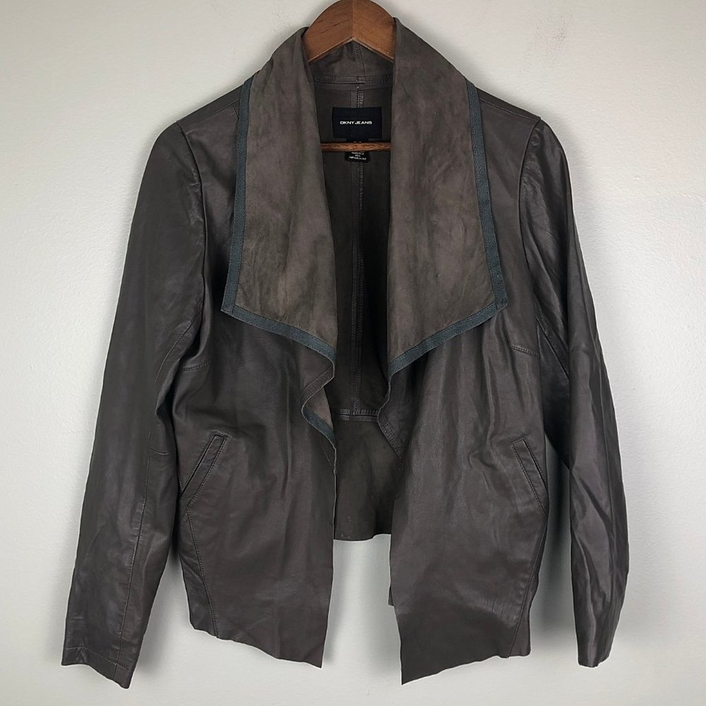 DKNY Taupe Lambskin Leather Drape-Front Jacket - Picture 2 of 6